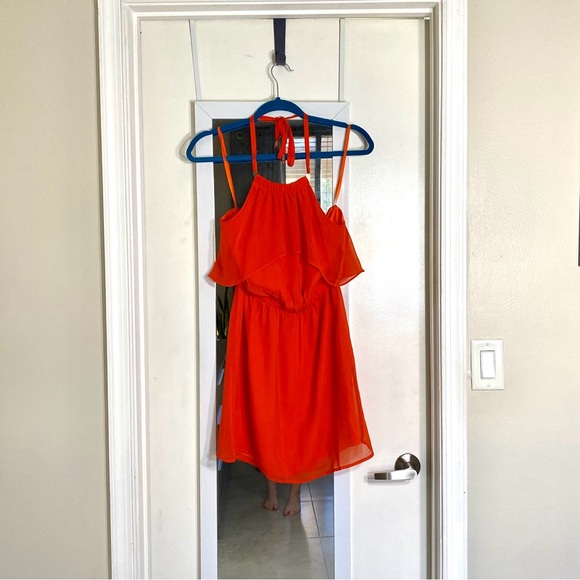 Bebe Bright Orange Party Halter Silky Cocktail Dress - Picture 2 of 14